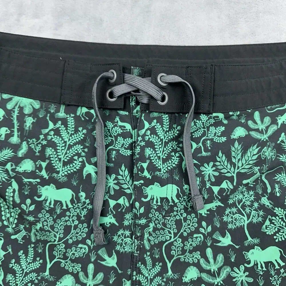 PRANA Roots Studio Board Shorts Mens Size 35 Black Green Beach Swim Surf